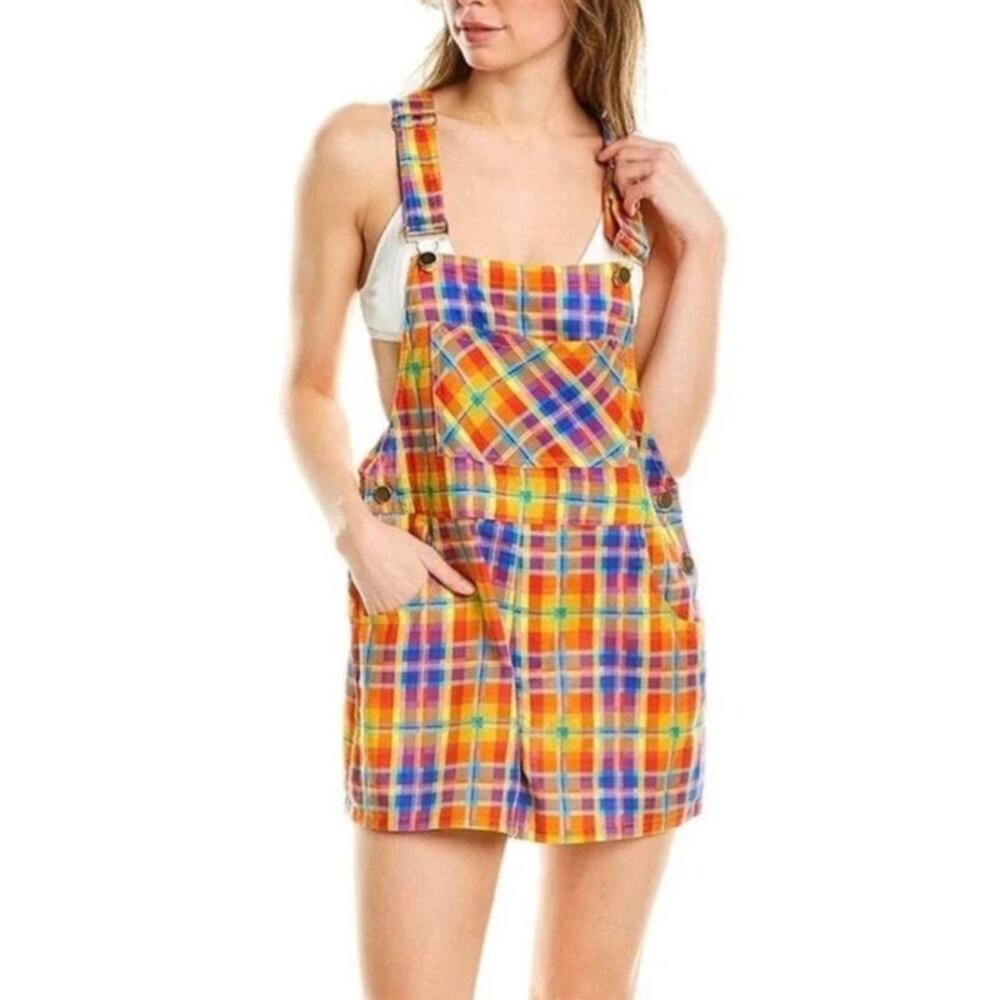 NWT WeWoreWhat Rainbow Plaid Linen Cotton Basic Overall Shorts Size XS